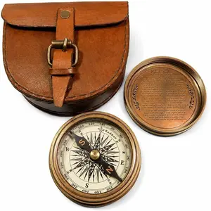 Authentic Vintage Style Brass Pocket Compass with Leather Case Rustic Vintage Home Decor Gifts