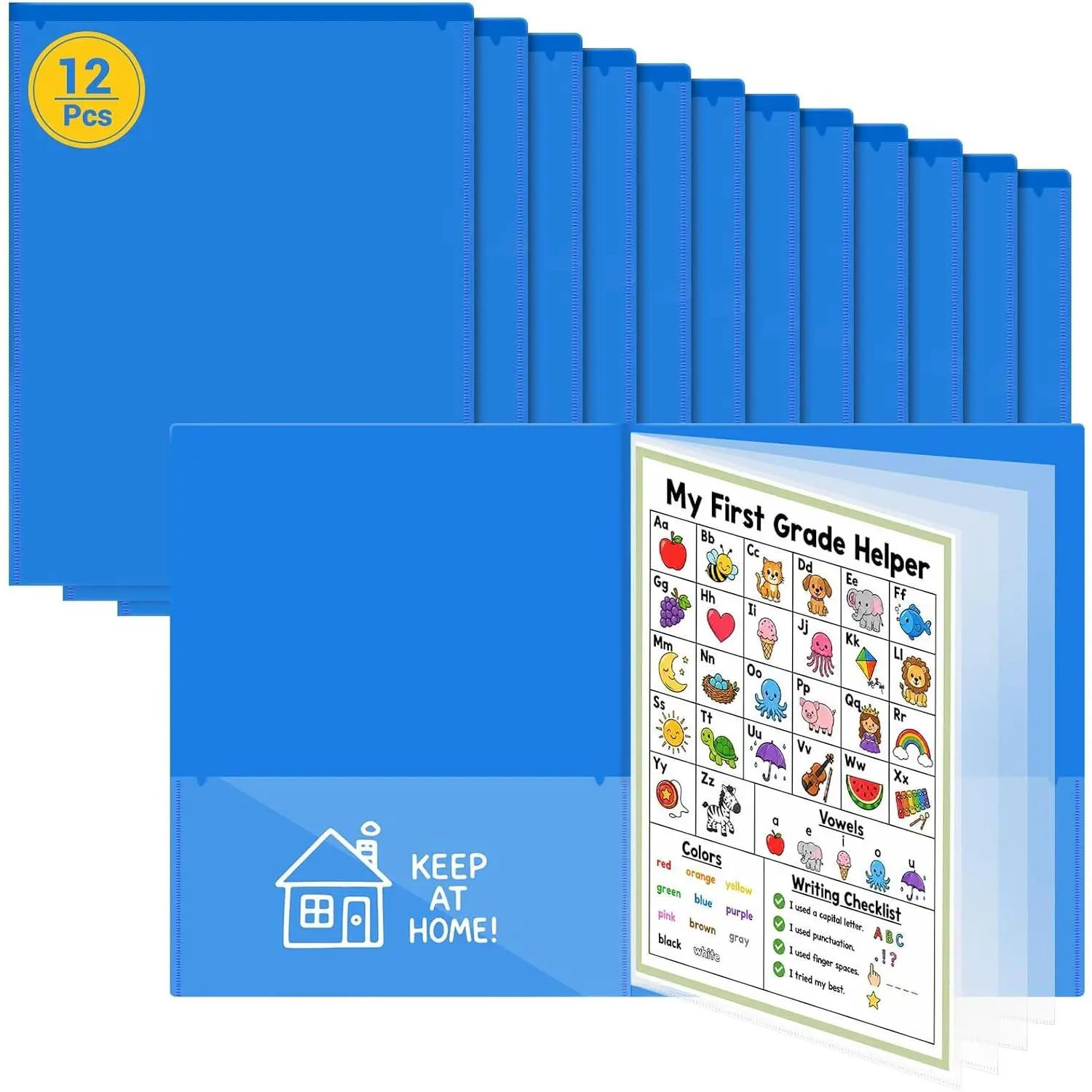 12 count Take  Folders for Elementary Students,Homework Folders | Blue,11.81 x 9.45 In, to School 2 Pocket Folders,Parent Teacher Communication Folders,Clear Front Pocket 4 Inner Pocket