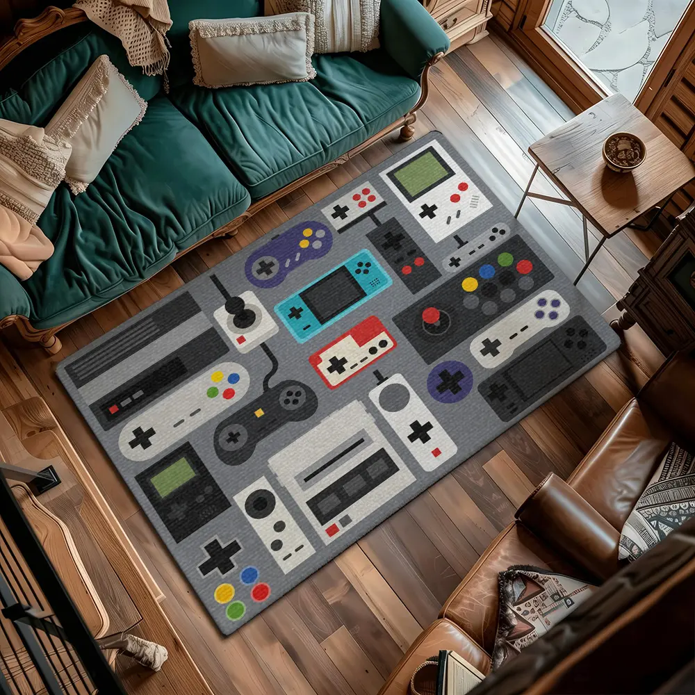 Retro Game Controller Collection Flannel Gaming Rug #GamingRug #RetroGameDecor #GameControllerPattern #FlannelAreaRug