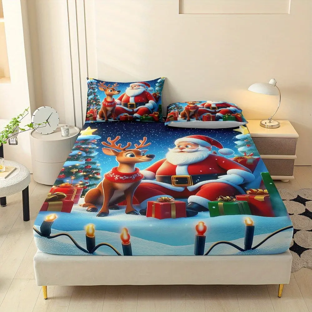 Cartoon Santa Claus Reindeer Bed Sheet Set, Starry Snow Scene Christmas Tree Gift, 10.6 Inch Deep Pocket Mattress Protector