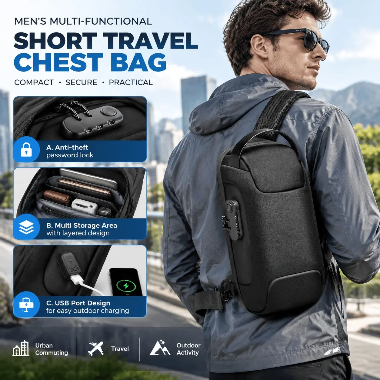 1PC 1 Oxford Crossbody Bag, Men's Multifunction Short Travel Chest Bag, with anti-theft Password Lock, single-shoulder Design, Compatible with Laptop Storage, Multifunctional Chest Bag