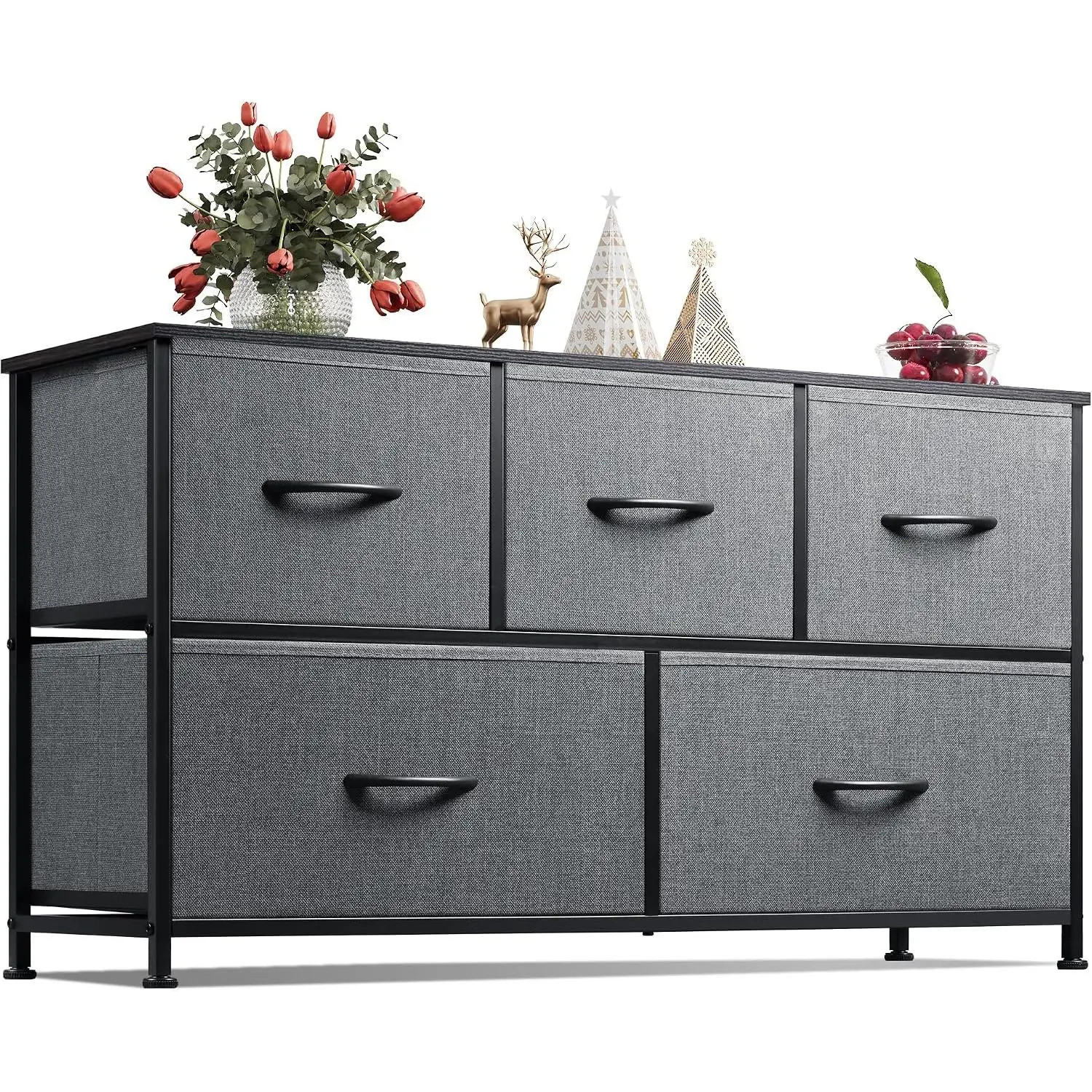 Wide Dresser for Bedroom, 5 Drawer Chest of Drawers, Dark Grey | 5 roomy fabric drawers, Wide storage design, Bedroom or closet use, Sturdy steel frame, Smooth  tabletop