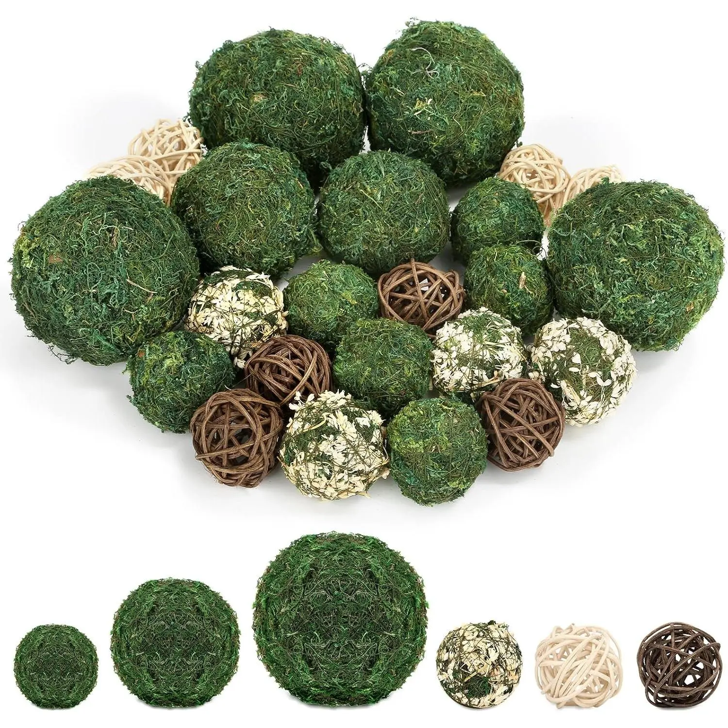 24 Pcs Decorative Moss Balls for Centerpiece Bowls Assorted Sizes | Fake Moss Balls+Wicker Rattan Balls+Flower Balls, Artificial Greenery Vase Fillers for Home Garden Farmhouse Rustic Decor