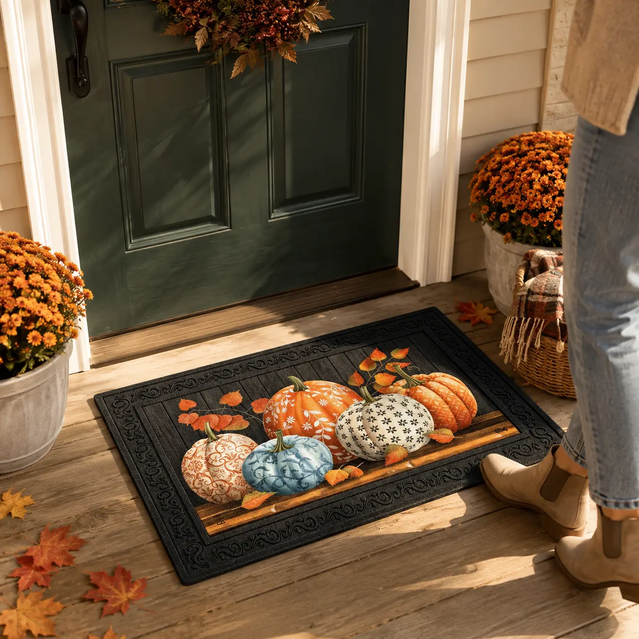 Fall Decorative Pumpkin Anti-Fatigue Rug - 20x36 in PVC Waterproof Durable Decorative Mat, 1 cm Thick Luxury Vintage Pattern Doormat, Non Slip Rugs for Front Porch, Aesthetic Doormats for Entryway