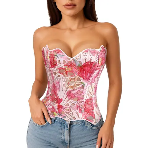 JASGOOD Corset Top for Women Sexy Textured Sheer Floral Lace Bustier Cincher Lace up Corset Halloween Overbust Top Womenswear Polyester