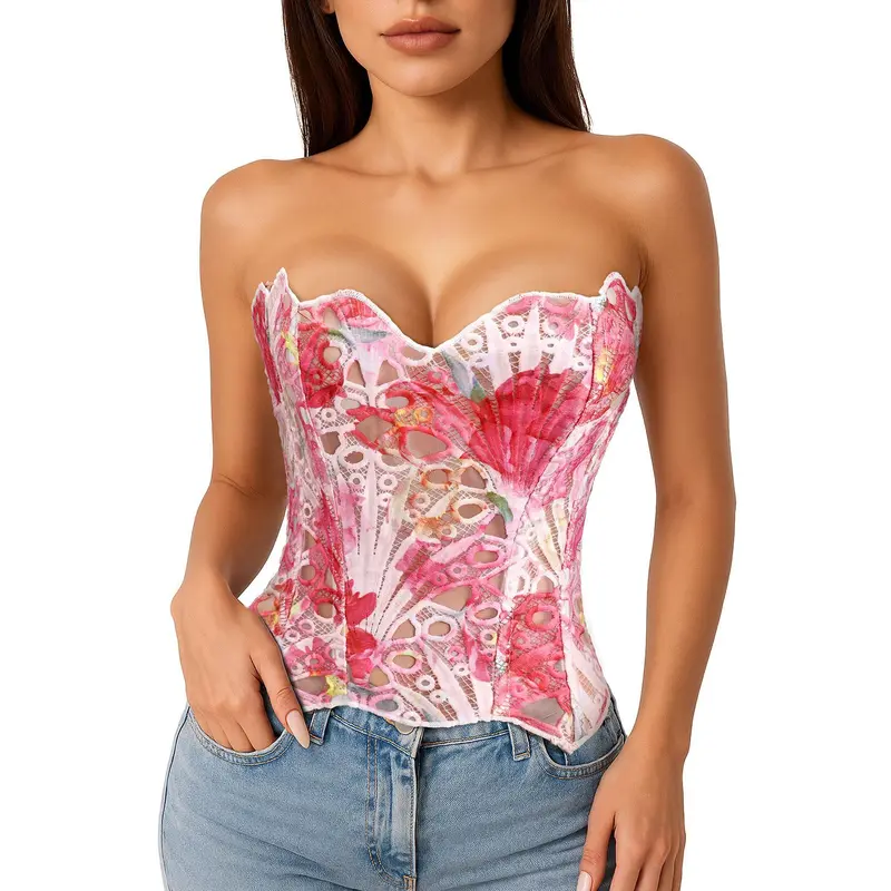 JASGOOD Corset Top for Women Sexy Textured Sheer Floral Lace Bustier Cincher Lace up Corset Halloween Overbust Top Womenswear Polyester