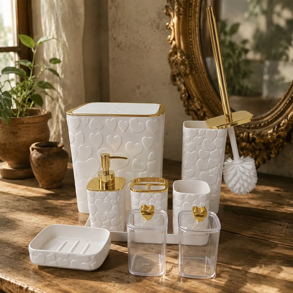 9-Piece Matte Bathroom Accessories Set, 3D Heart Texture with Hardware, Transparent Storage Cup, Elegant Bathroom Decor