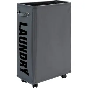 2es Slim Laundry Basket on Wheels, Collapsible Rolling Laundry Hamper, Foldable Corner Clothes Bins (Dark Grey)