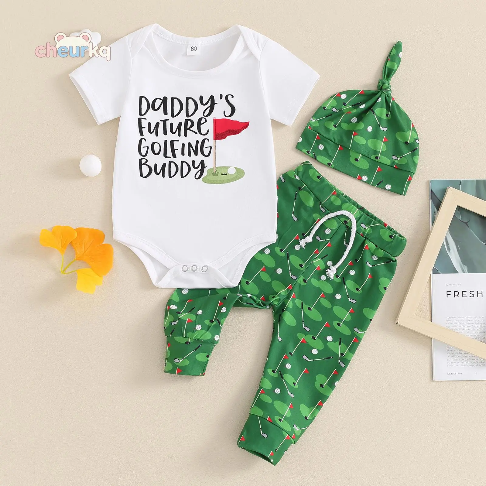 Baby Boys' Cotton 3-Pcs Summer Clothing Gift Set - Letter Print Crew Neck Short Sleeve Romper, 1x Golf Print Long Pants, 1x Hat, Fits 0-3 Months/12-18 Months, 38 cm Size Option