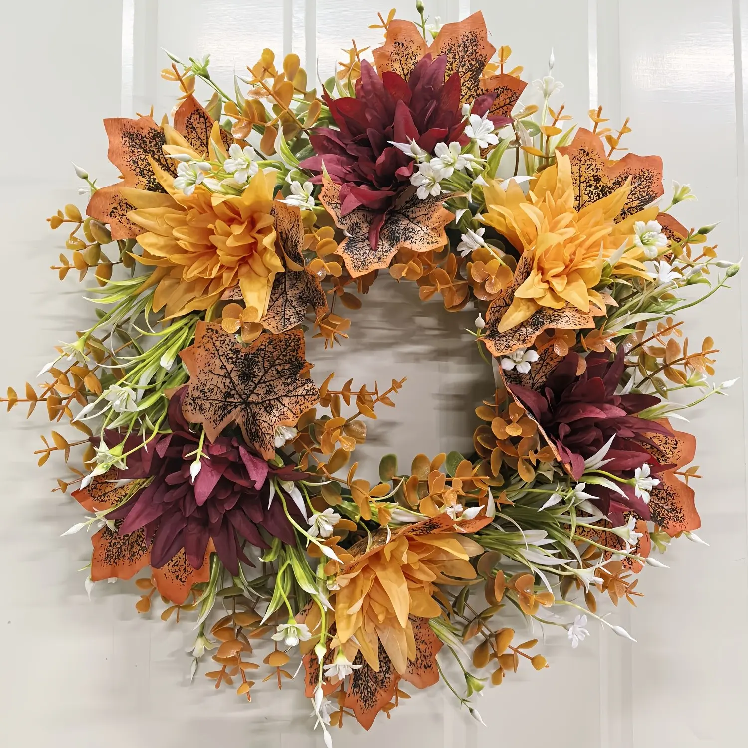 Handmade Autumn Thanksgiving Wreath, Chrysanthemum Flame Daisy Maple Leaf Eucalyptus Wreath, Door Decor, Farmhouse Fall Decoration