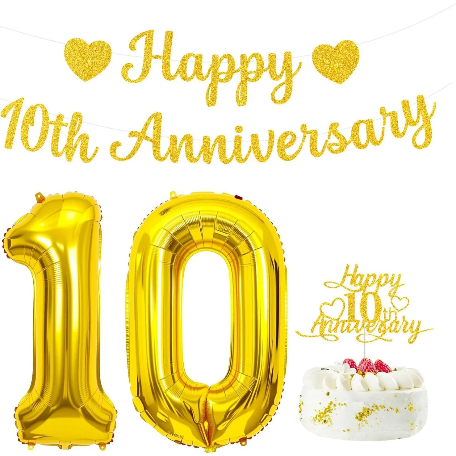 10th Anniversary Party Decorations Includes  Glitter Banner,Cake Topper,32-Inch Number 10 Foil Balloons,Elegant 10th Wedding Anniversary Decorations