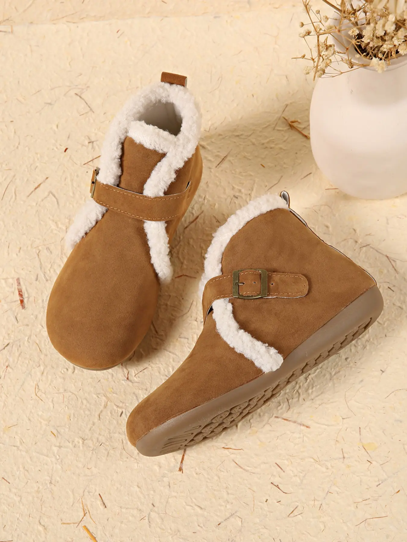 Vintage Faux Suede Lamb Fur Short Boots, Buckle Invisible Wedge, Lined Warm Women's Fall Winter Casual Boots, Comfortable and Stylish