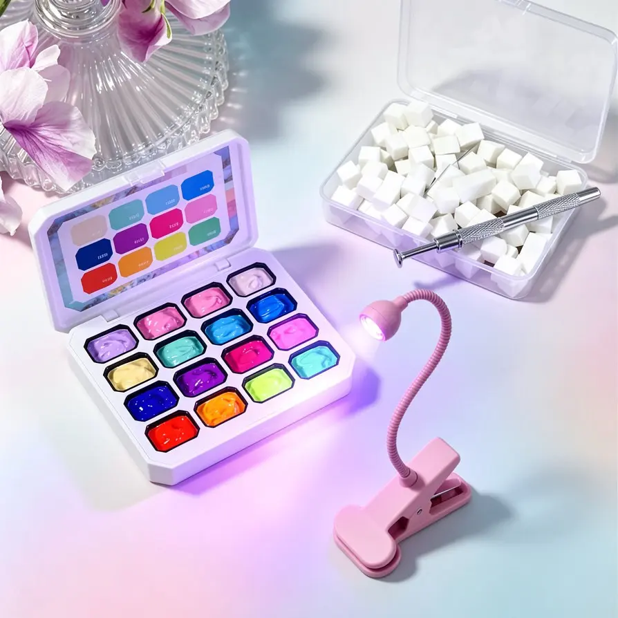 Solid Gel Nail Paint Palette with Mini Clip-on UV Nail Lamp, Multicolor Pigment Cream for DIY Nail Art, Portable Manicure Set for Home Use