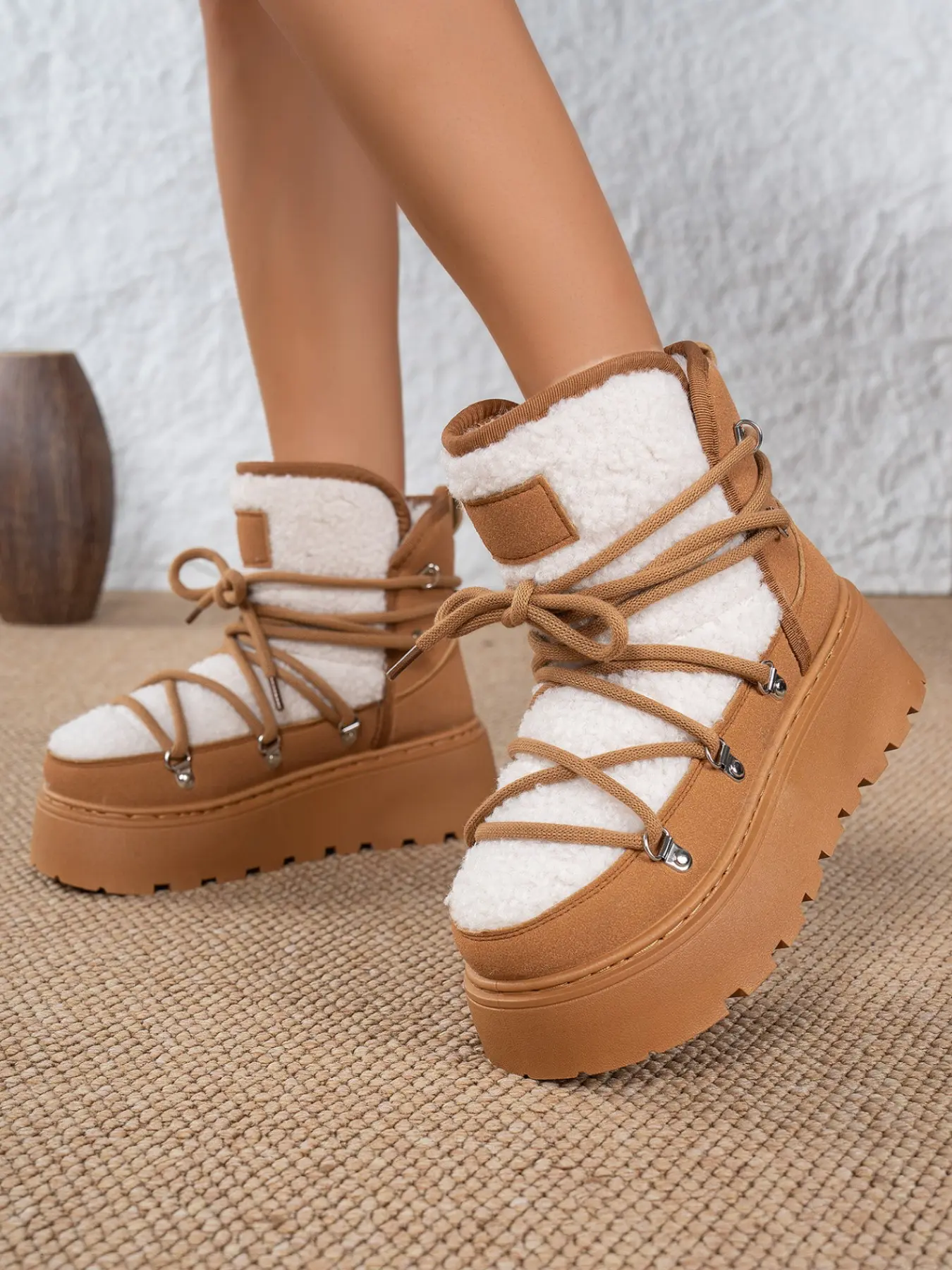 Women's Winter Snow Boots, Cross Strap Sheepskin Lining, Thick Sole, Anti-Slip, Warm Cotton Shoes, Fashionable Workwear Style