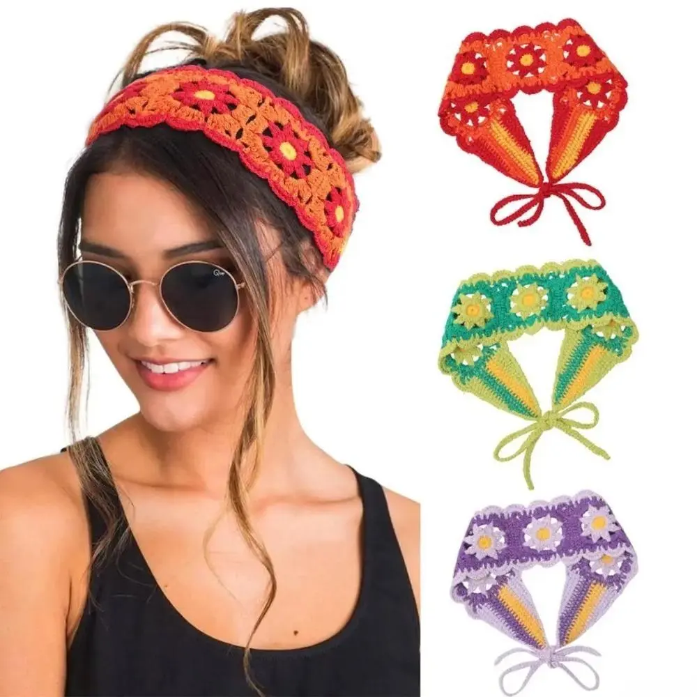 Boho Floral Crochet Headband for Women, Knitted Cotton Blend Wide Band with Handmade Flowers, Breathable Hair Accessories for Daily Wear, Accessories For Women, Headbands For Women