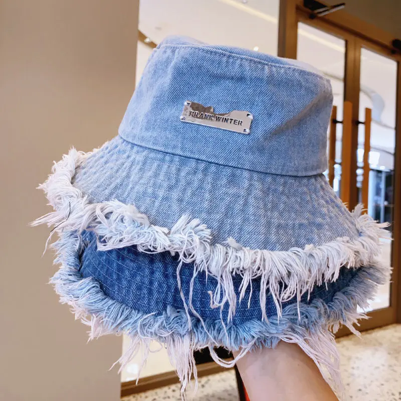 Women's Washed Denim Cowboy Hat, Western Flat Top Style with Frayed Edge for Sun & Wind Protection, Outdoor Hiking, Size M (56-58cm), Hiking / Light Outdoor, Sun Protection Hat, Four Seasons