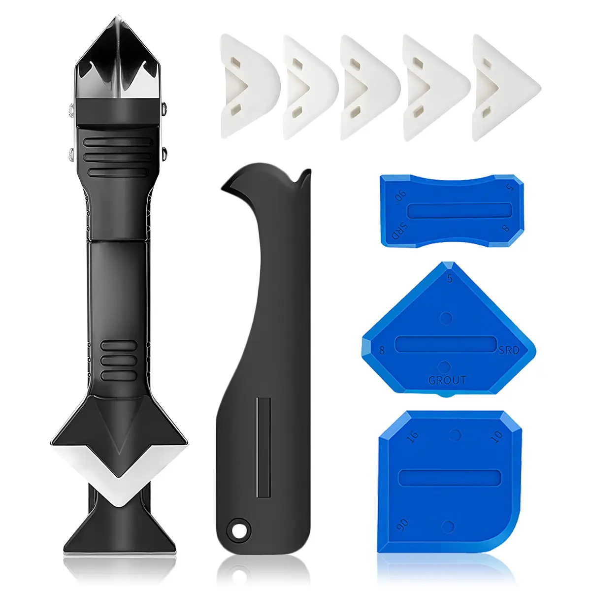 9Pcs Caulking Tools, Silicone Caulking Finishing Tool Kit with Stainless Steelhead, Reuse and Replace 4 Silicone Pads, Sealant Caulk for Kitchen Bathroom Window, Sink Joint