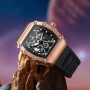 HorologiEcoSmart Mart Men’s Barrel Shaped Skeleton Automatic Watch, Hollow Mechanical Dial, Soft Black Rubber Strap, 30M Water Resistant Casual Sports Wristwatch