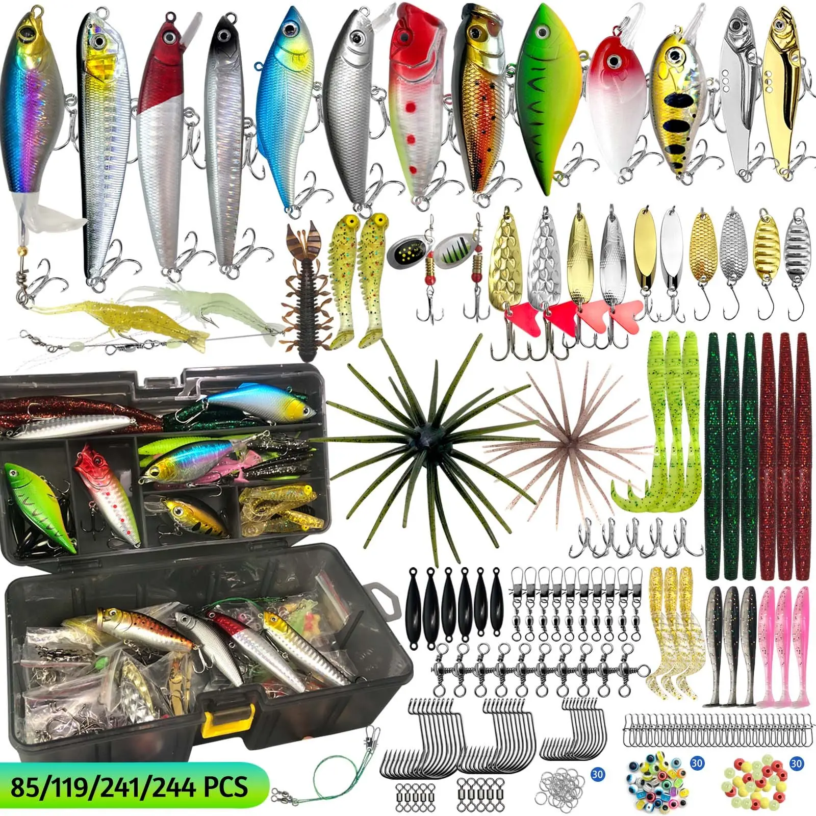 85/119/241/244pcs Fishing Lure Set with Storage Box, Suitable for Saltwater and Freshwater, Complete Fishing Gear Kit