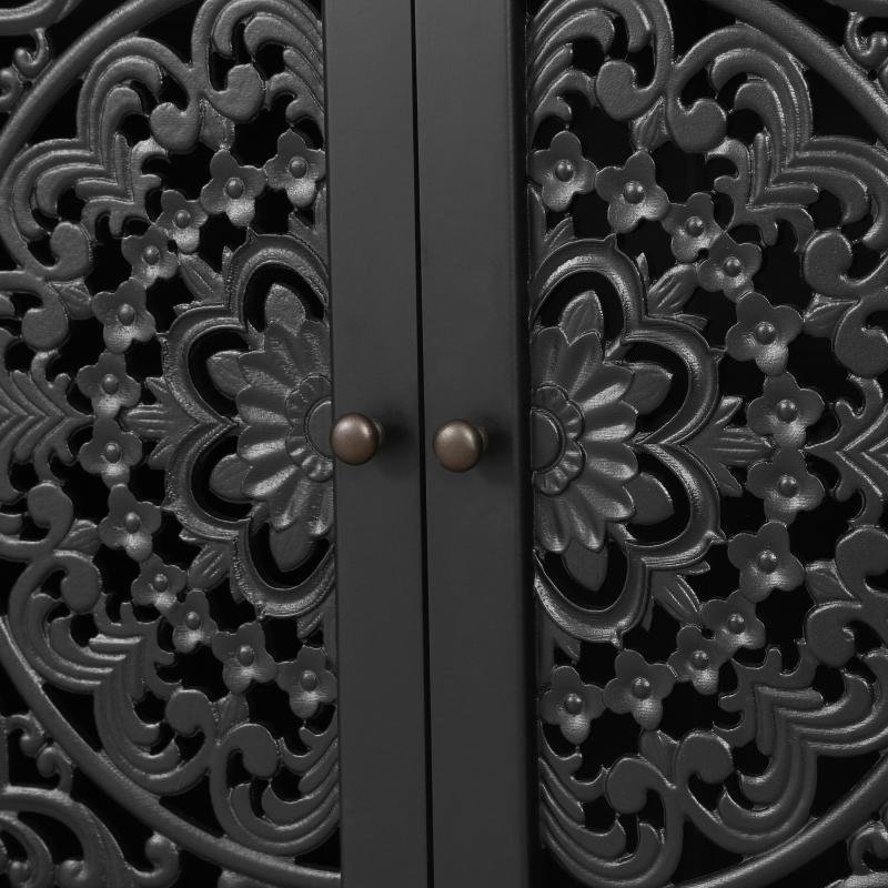 60" Antique Buffet Cabinet with Floral Carvings with Solid Wood Legs&Antique Brass Handles&Adjustable Shelves, TV Stand for 65''+ TV, Sideboard for Living Room,Dining Room (Black)