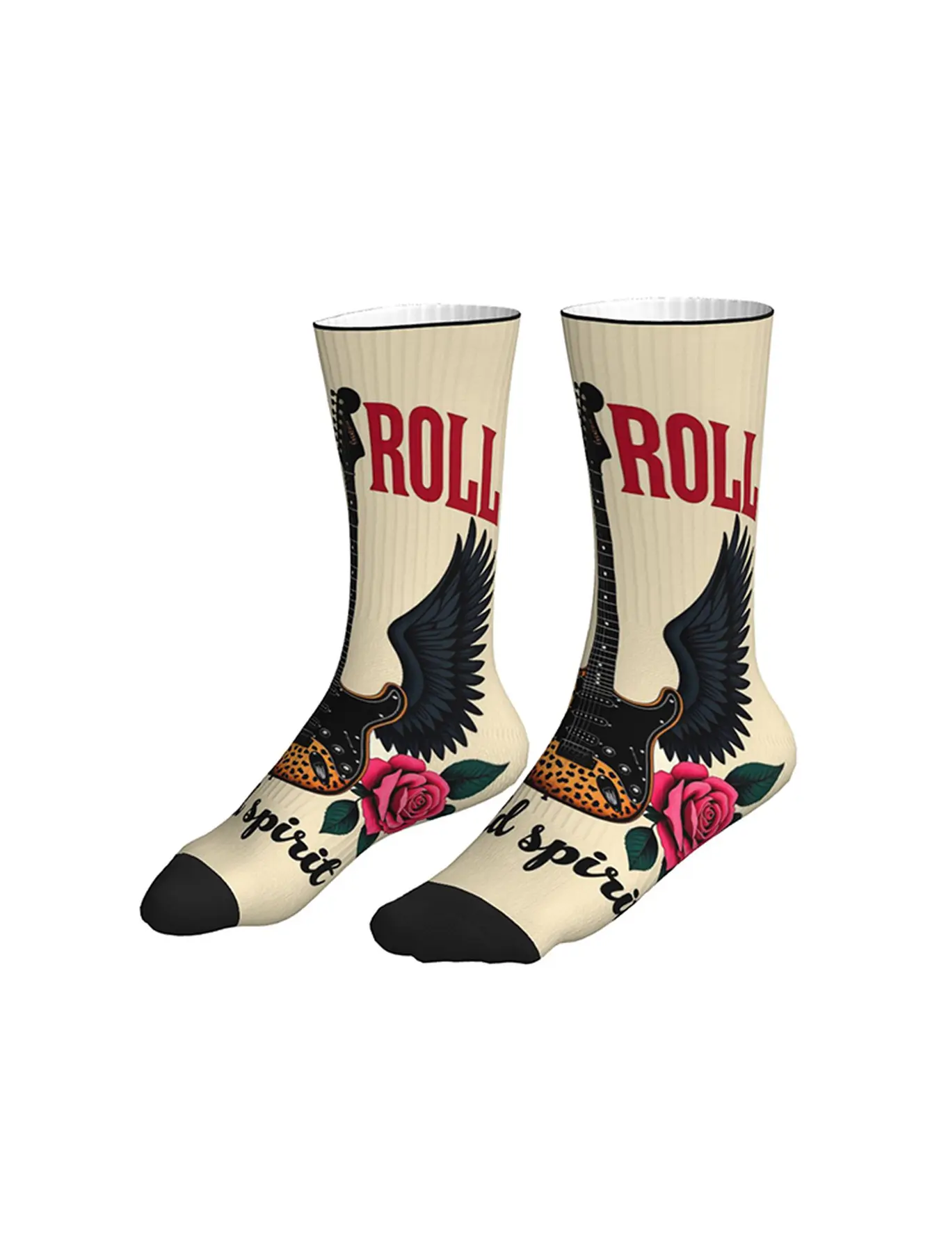 Men Women Beige Background Retro Electric Guitar Black Wing Red Rose Mid Calf Socks Rock N Roll Streetwear Socks