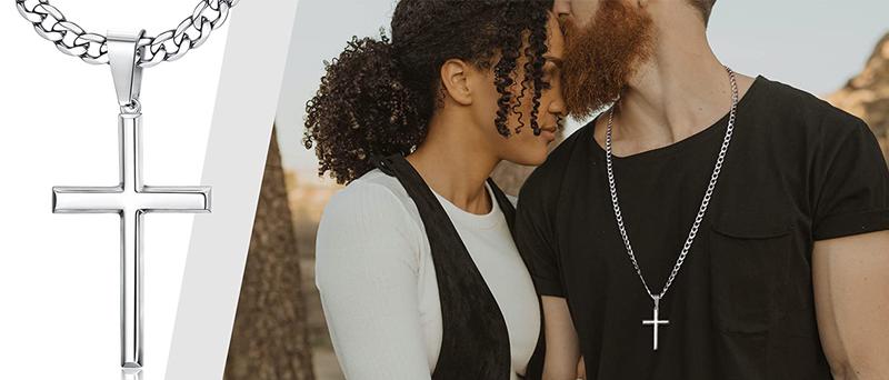 Fansilver Cross Necklace for Men Women 5mm Big Beveled Edge Men's Stainless Steel Durable Cuban Link Chain Curb Chain Crucifix Cross Pendant Necklace Jewelry Gifts 16-30 Inches