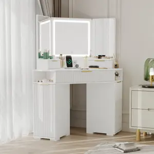 Corner Fluted Vanity Desk with Lighted Mirror – Makeup Table with Charging Station, 3 Drawers, Open Shelves & Cabinet – Wooden Dressing Table for Bedroom