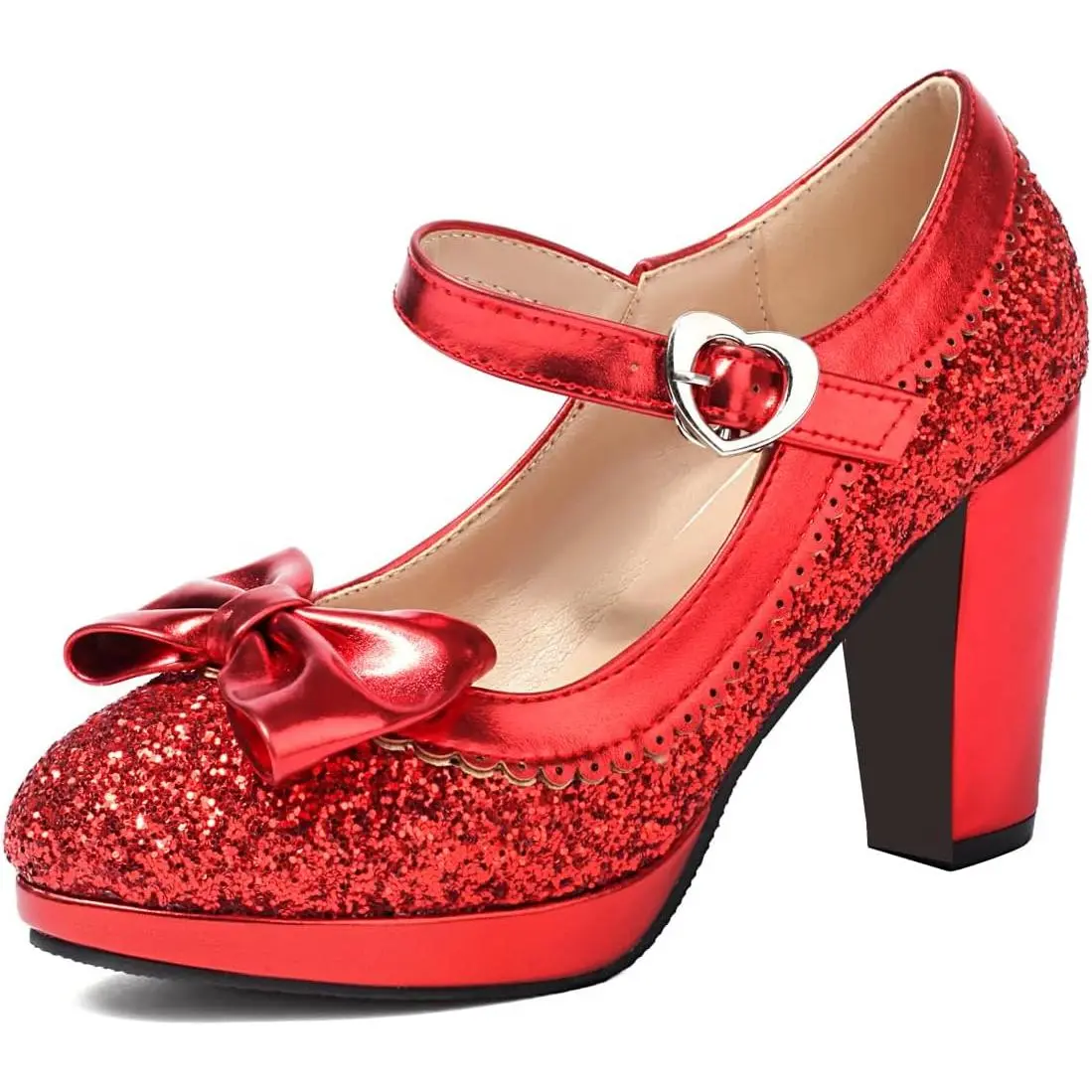 Women's Sequins Sparkling Round-Toe Mary Jane Pumps - Vintage Chunky High Block Heel, Bow Accent, Buckle Ankle Strap, Dress Shoes for Rockabilly Cosplay, Wedding & Daily Wear