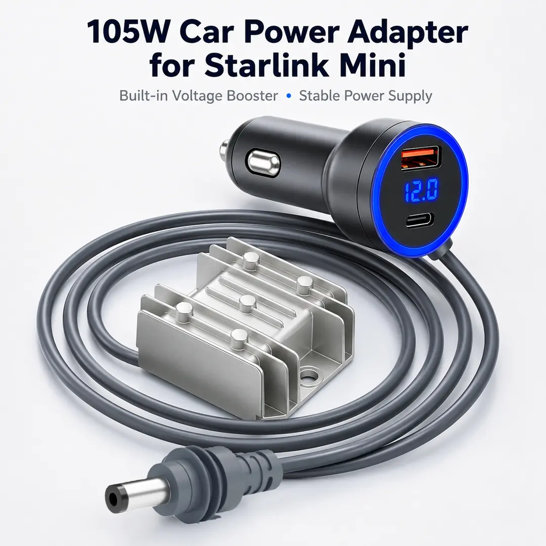 Car Charger for Starlink Mini with Boost Converter, Digital Voltage Display, USB-A & USB-C Ports, DC Vehicle Power Adapter for Cars, RVs, Trucks and Boats