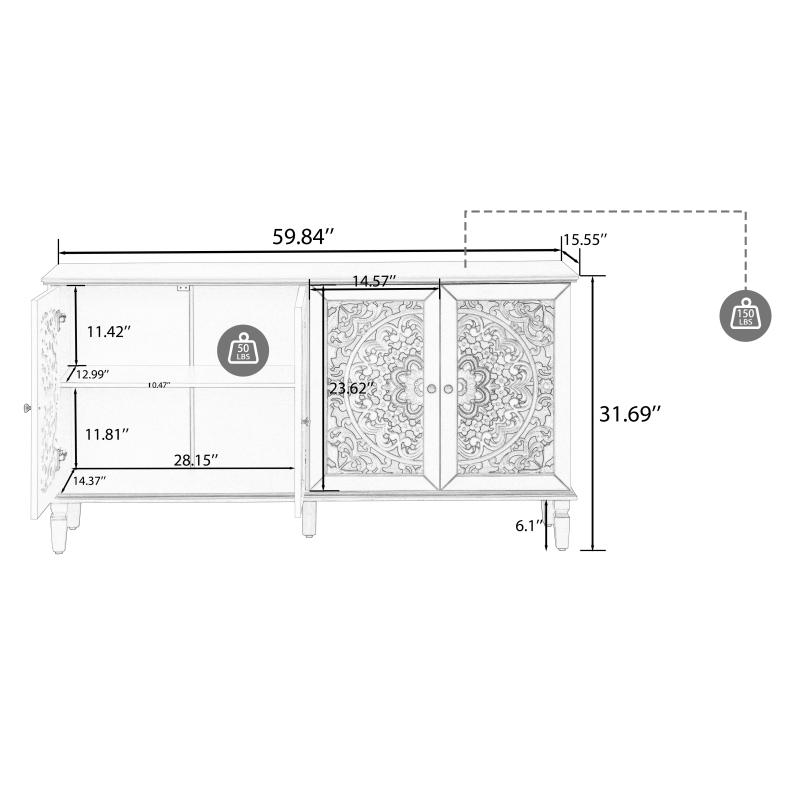 60" Antique Buffet Cabinet with Floral Carvings with Solid Wood Legs&Antique Brass Handles&Adjustable Shelves, TV Stand for 65''+ TV, Sideboard for Living Room,Dining Room (Black)