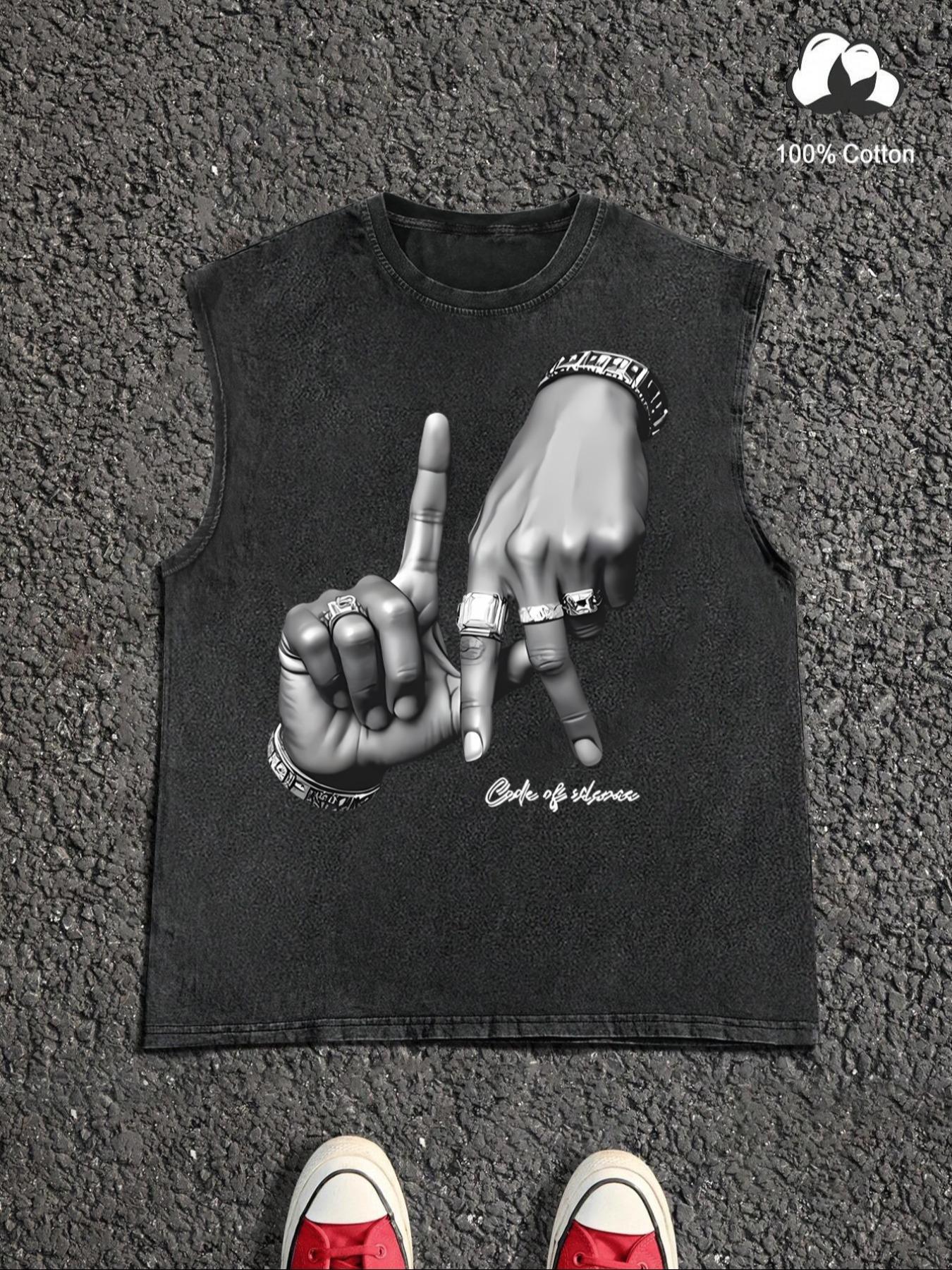 Men's Letter Print Denim-Effect Print Athletic Tank Top, Sleeveless Fitness Tank Tops, Regular Fit Casual Sleeveless Round Neck Top for Summer, Fashion Men's Clothes for Daily Wear, Socks, Cotton