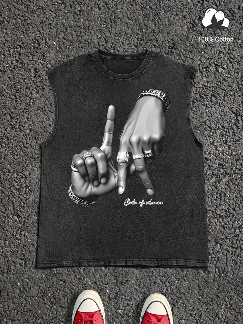 Men's Letter Print Denim-Effect Print Tank Top, Regular Fit Casual Sleeveless Round Neck Top for Summer, Fashion Men's Clothes for Daily Wear, Socks, Cotton, Vest Tank Top