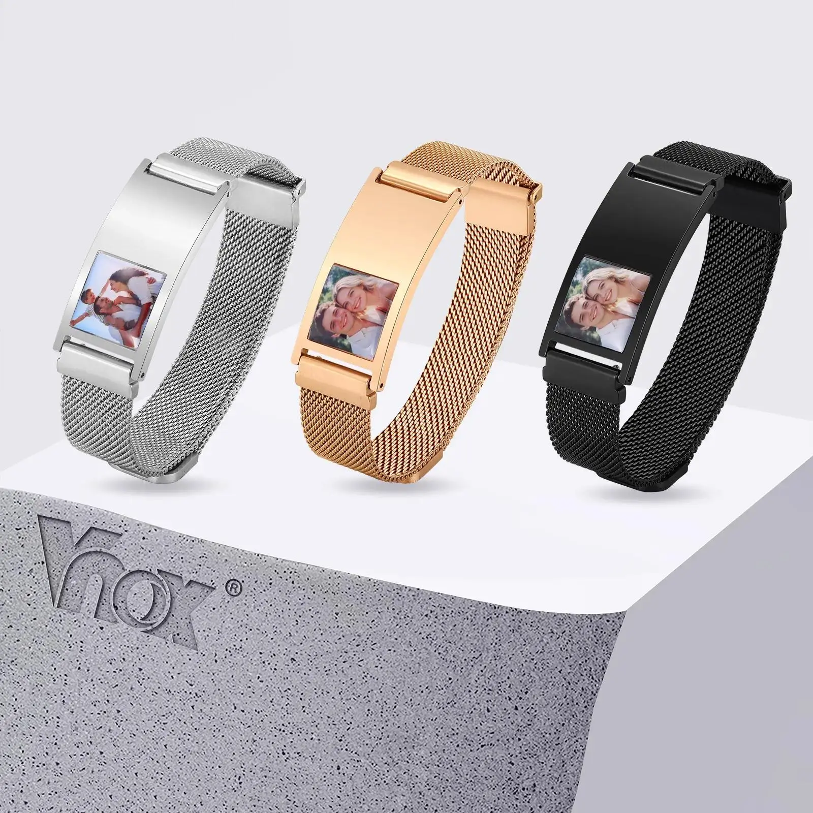 Free Custom Photo Text Bracelets for Men Women, Stainless Steel Magnetic Buckle Strap Bangle, Engraved Adjustable Wristband