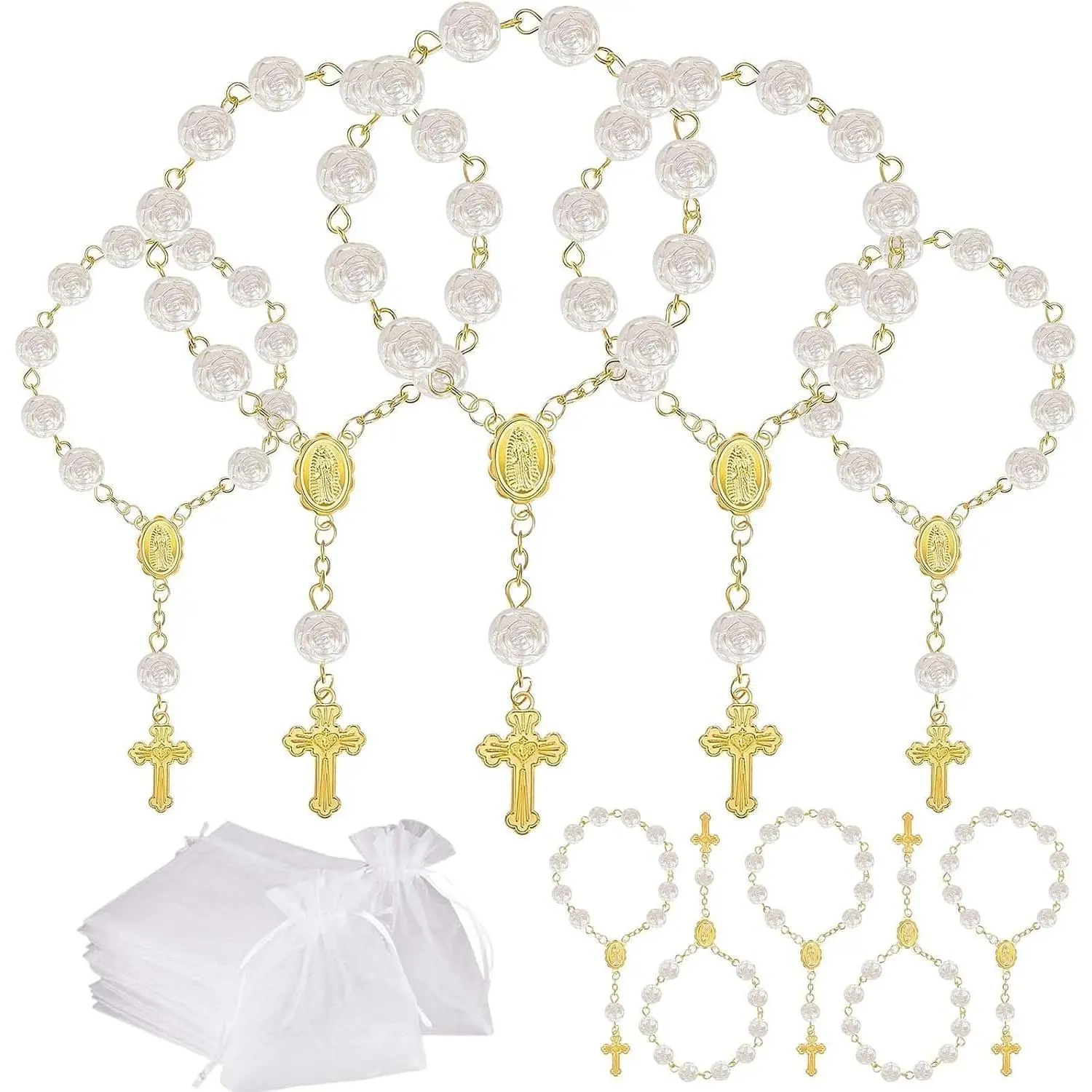10 Set Baptism Party Favors Mini Rosary Beads Faux  with Organza Bags for Christening Weddings First Communion Party Favors