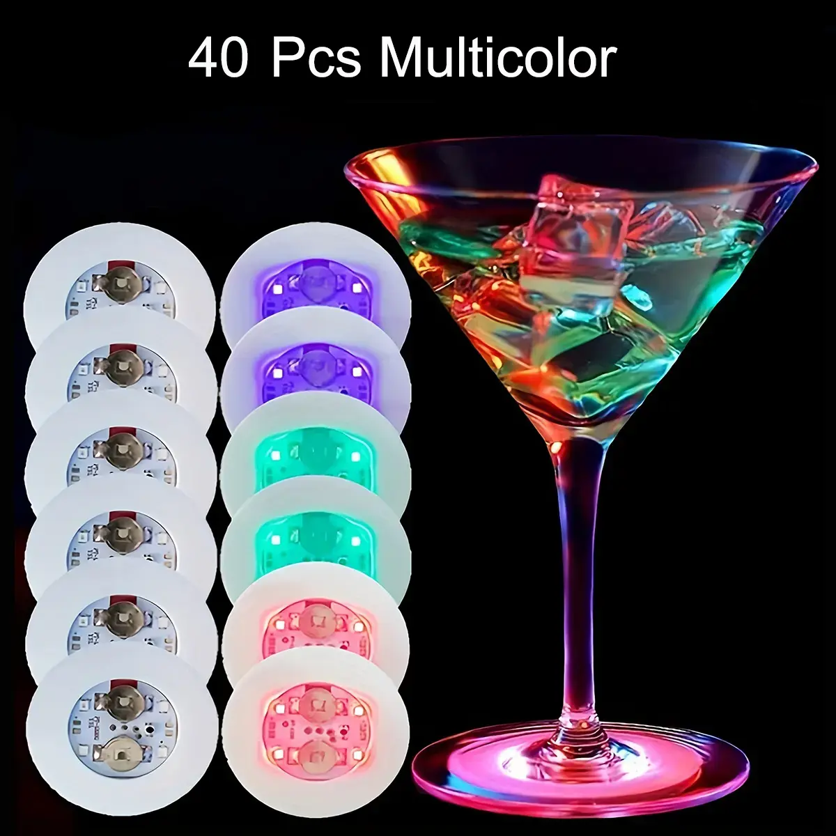 40PCS LED Cup Lights for Drinks, Light Up Coasters with Adhesive Sticker, Glow Party Supplies for Bottles, Cups, Weddings, Birthdays, Bars & Bachelorette Parties