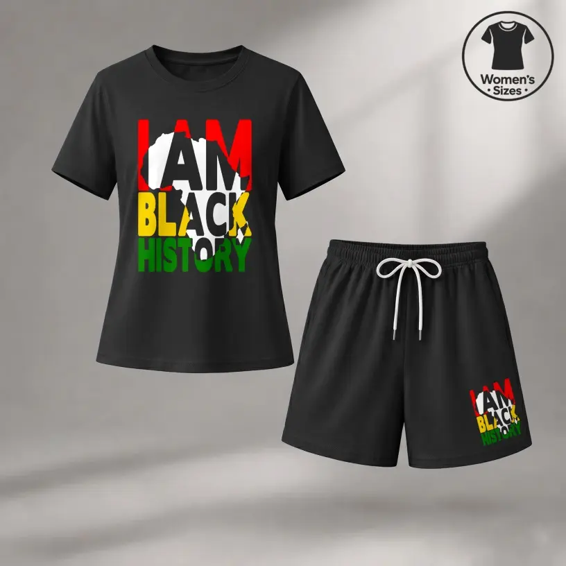 Women's  I Am Black History Graphic Short Sleeve T-Shirt And Shorts Set, Casual Summer Two-Piece Outfit With Crew Neck Top And Drawstring Waist Shorts For Daily Wear