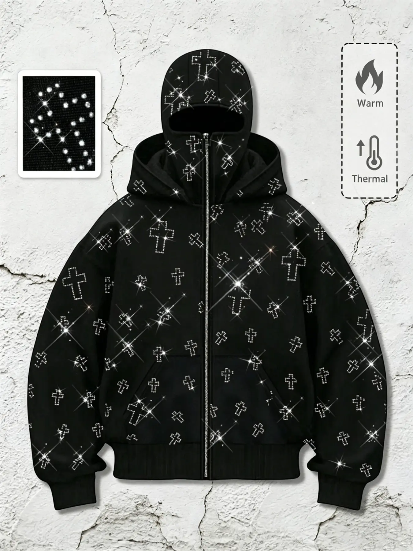 American Street Cross Necklace Hooded Heavyweight Streetwear Sweatshirt, Unisex Casual Long Sleeve Graphic Pullover, Winter Warm Fleece Lining Jacket