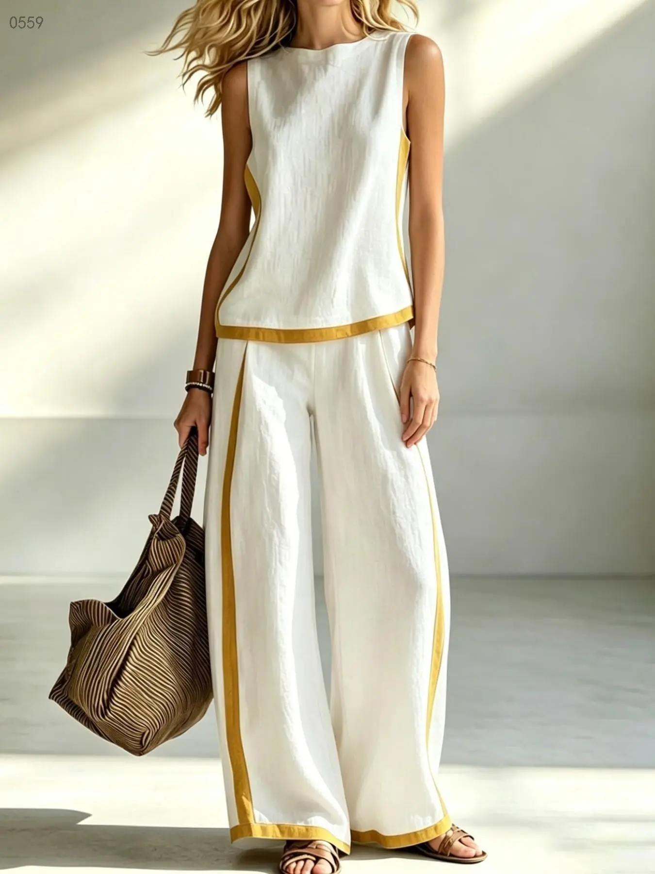 C0559 Chic Ladies Bohemian Summer Matching Outfit Sleeveless Tank Blouse High Rise Flowy Wide Leg Trousers Stylish Baggy Loose Relax Fit Suit For Vacation Travel Daily Wear