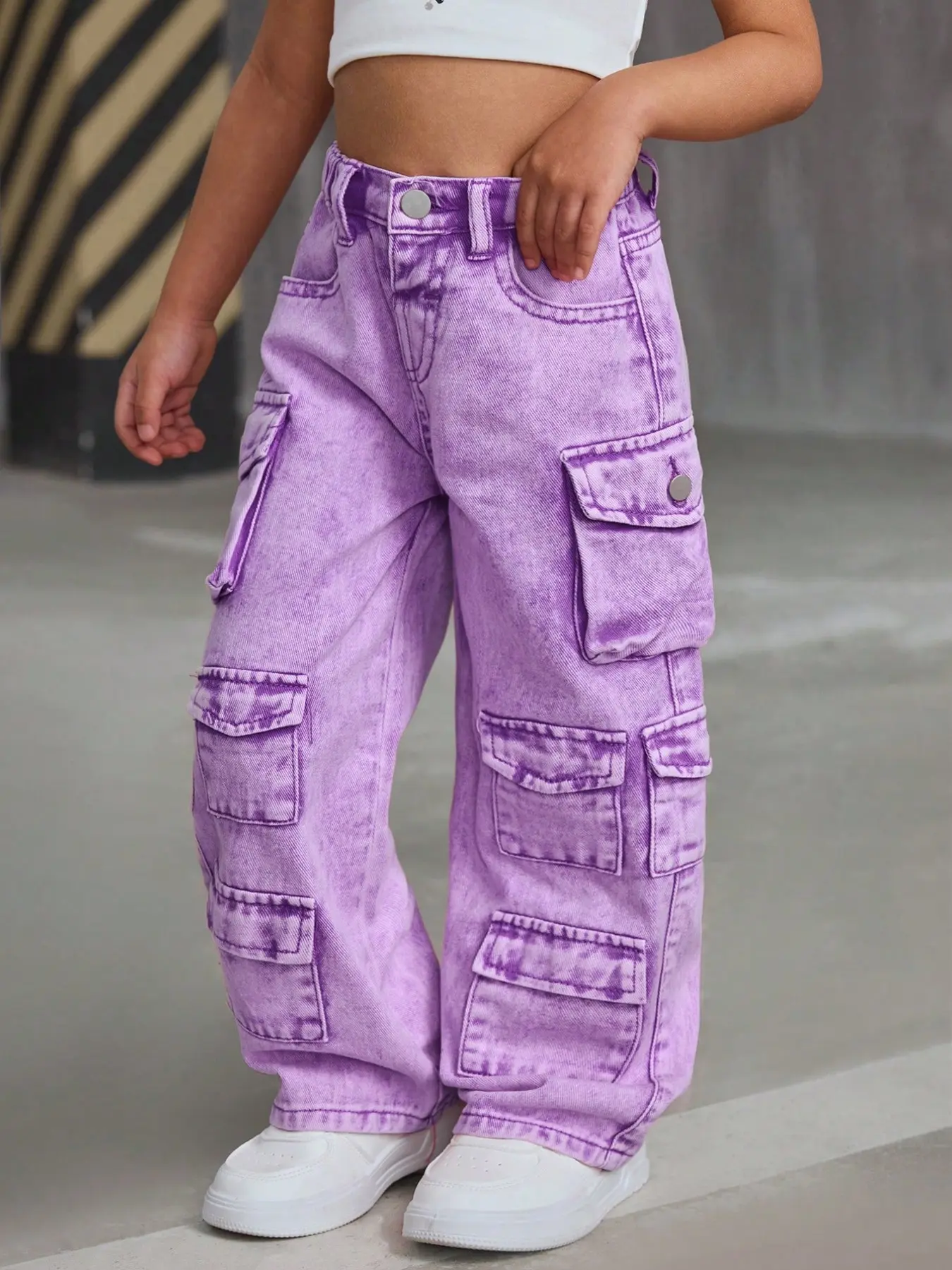 Young Girl Pink Denim Cargo Wide Leg Pants