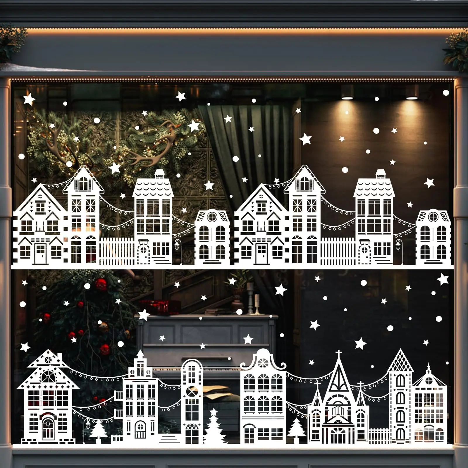 Large Christmas Window Stickers 9 Sheets, House Style Static Window Decals, Snowman Snowflake Double-Sided Decor, Festive Party Decoration