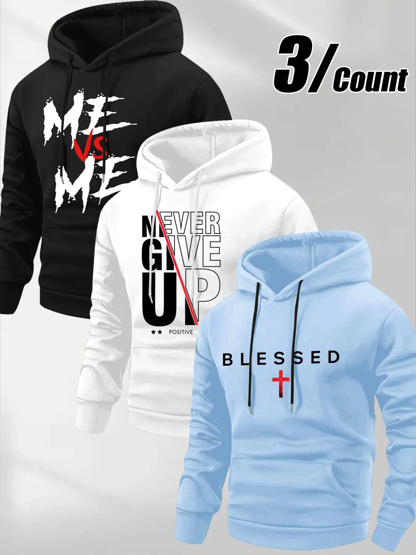 Men's Bestselling 3-Pack Long Sleeve Hooded Sweatshirts, Inspirational Letter Cross Print, Drawstring Casual Streetwear with Front Pockets