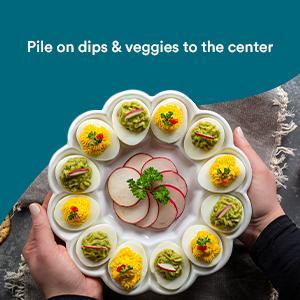 KooK Deviled Egg Platter Tray, Ceramic Easter Egg Holder, Holds 12 Eggs, Ceramic Dish, Display Holder, Dishwasher Safe, Microwave Safe, freezer Safe, Sleek, 10 Inch Diameter, White