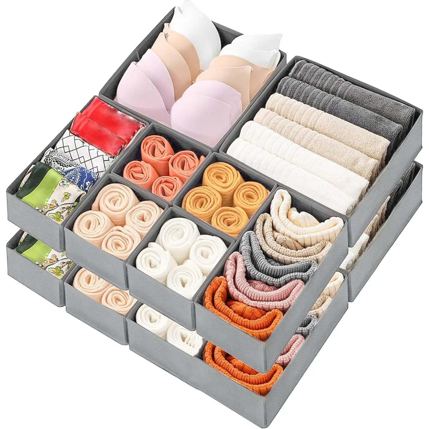 12 Packs Foldable Drawer Organizer Clothes, Closet for Baby Clothes, Underwear, Sock, Non-Woven Bins for Baby Room, Office, 4 Small 4 Medium 4 Large, Deep Gray, Box, Maximize Cabinet Space