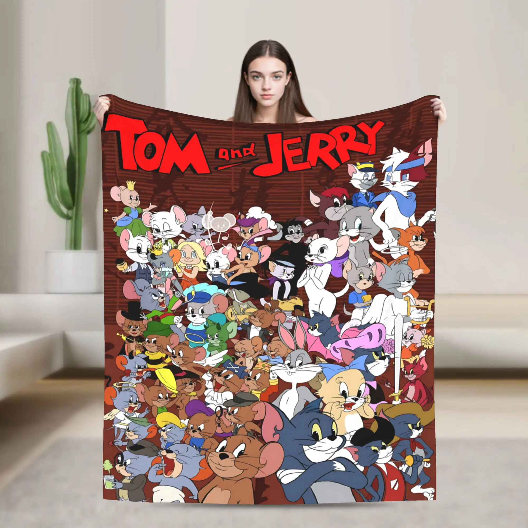 Tom and Jerry All Characters Fleece Throw Blanket, Cartoon Group Portrait Vintage Background Cozy Flannel Blanket, Soft Lightweight Blanket for Sofa Bed Bedroom, Cartoon Fan Gift