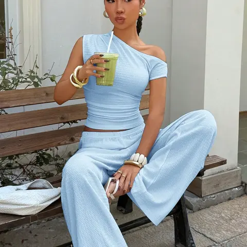 Knitted Ribbed Trendy Shoulder Slimming Casual Home Wear Set, Minimalist Top Set, Elegant Solid Color Tee, Unlined Plain Surface, Weighted at 88.2g/m²