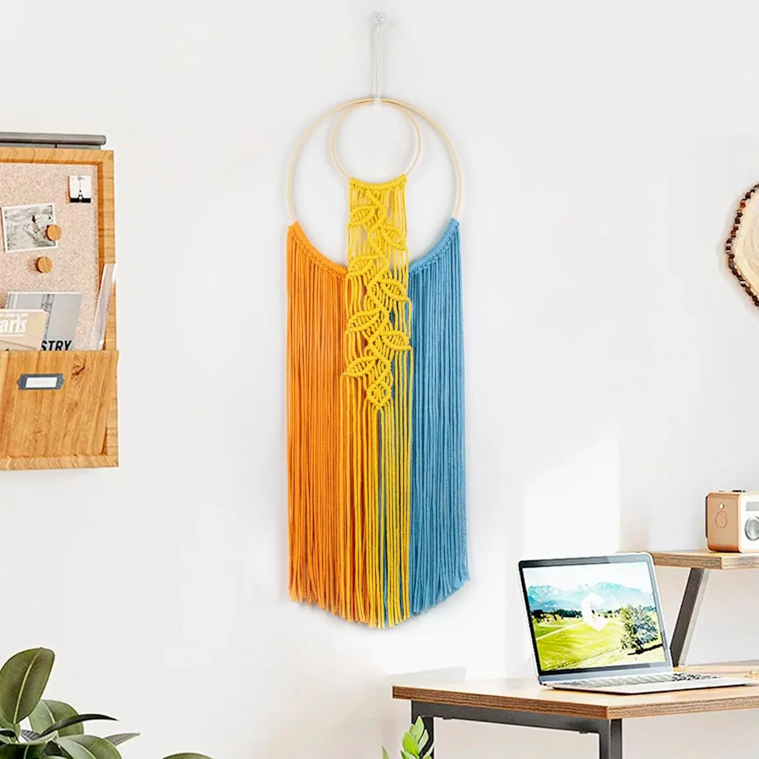 Colorful Macrame Wall Hanging Dream Catchers with Yellow Leaf Handmade Woven Blue and Orange Tassel Boho Tapestry Macrame Wall Decor for Bedroom Living Room Home Apartment Dorm,30" L x 10" W