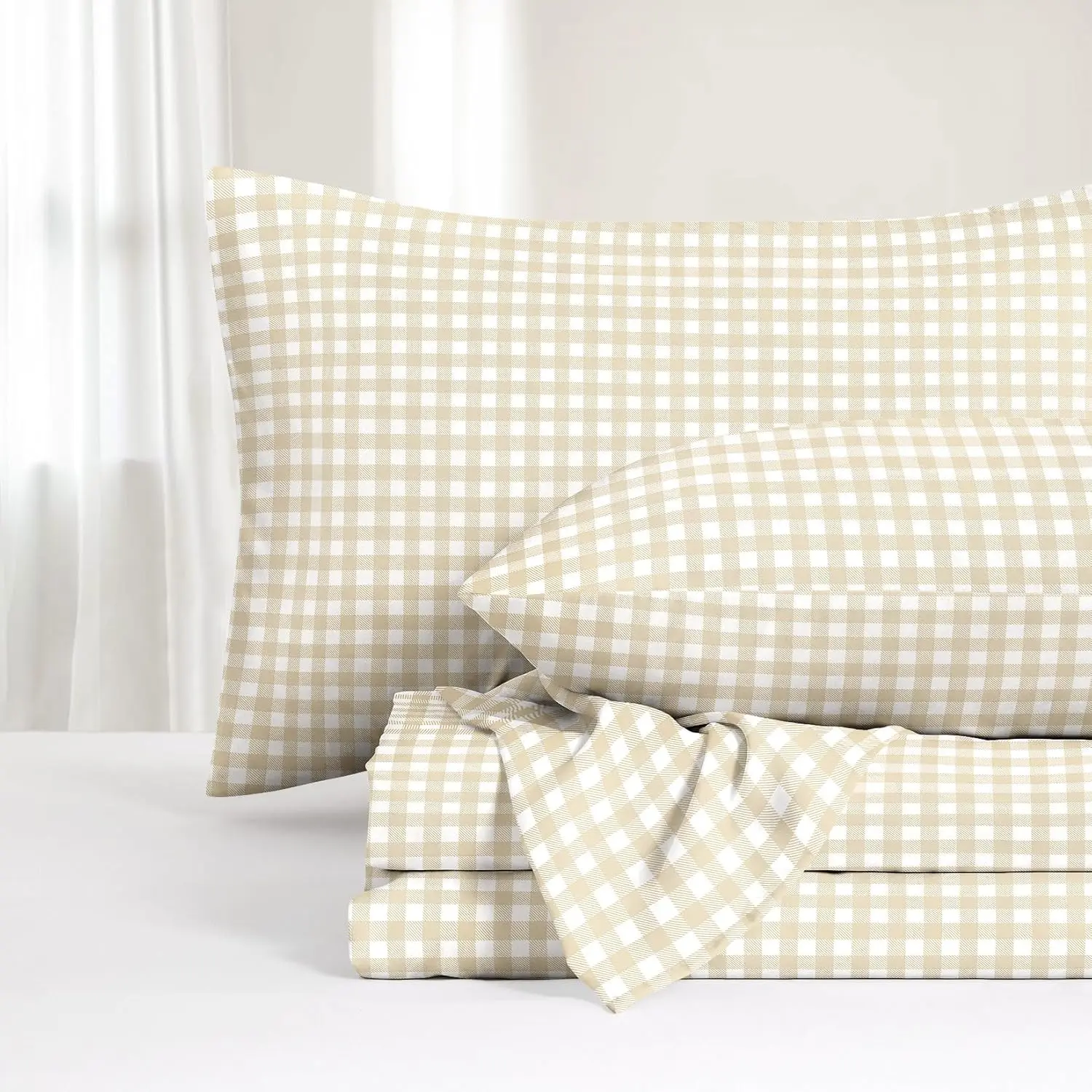 - Ggham Bed Sheets, 4- Sheet Set,  Checkered Check  Prted Cute Preppy College Dorm Beddg, Deep Pocket, Beige,  Size