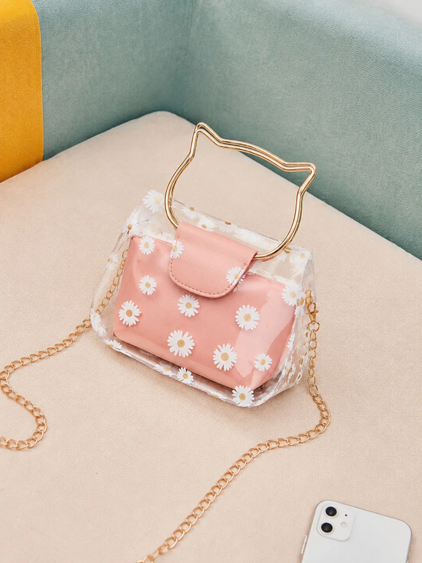Women's Transparent Daisy Cat Ear Handbag, Cute Mini PVC Gold Chain Crossbody Bag, Casual Floral Messenger Bag for All Seasons