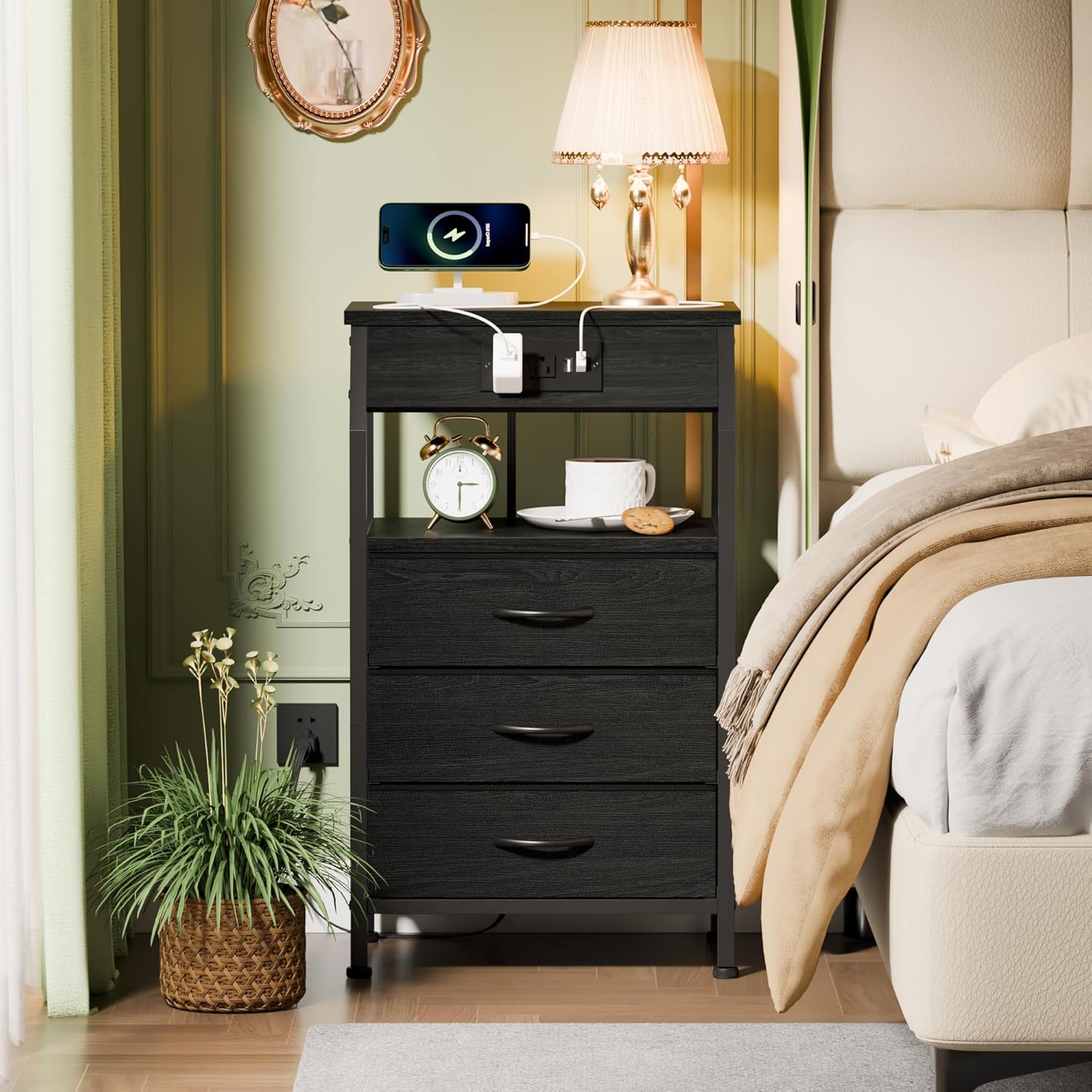 Night Stand with Station, 28.3 Inch Tall Side Table with Fabric Drawers ...