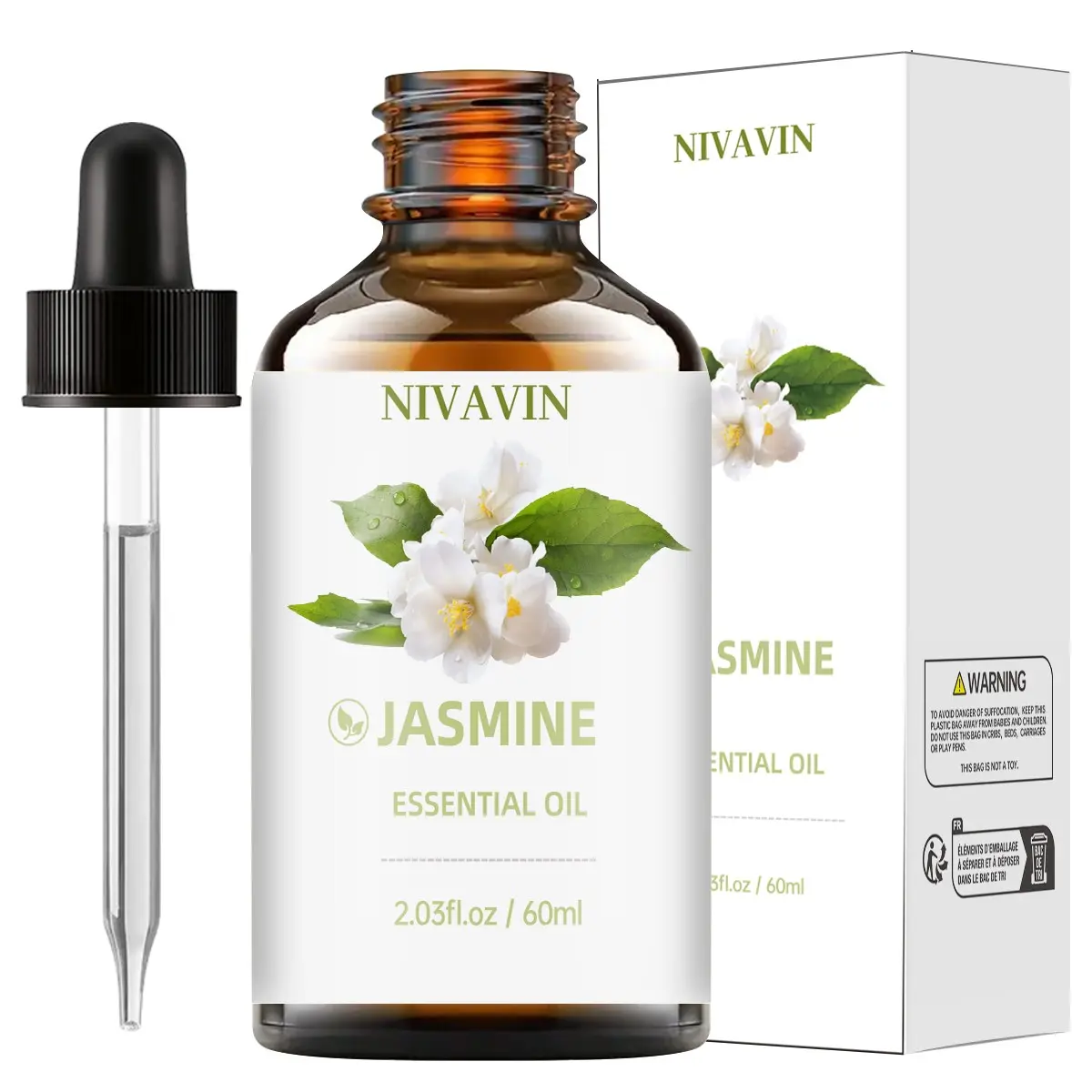 NIVAVIN Jasmine Essential Oil 60ml, Aromatherapy, made from 100% pure natural plant extracts, delicate, refreshing, long-lasting fragrance, suitable for home, office, DIY usage instructions and applications available